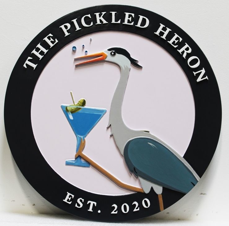 RB22627- Carved 2.5-D Multi-level Raised Relief  Sign  for the ""The Pickled Heron  Pub" with  a Heron with a Cocktail as Artwork