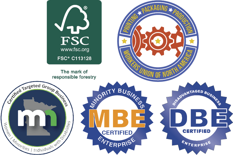 Certification logos including FSC Certified, Union, MBE, and DBE