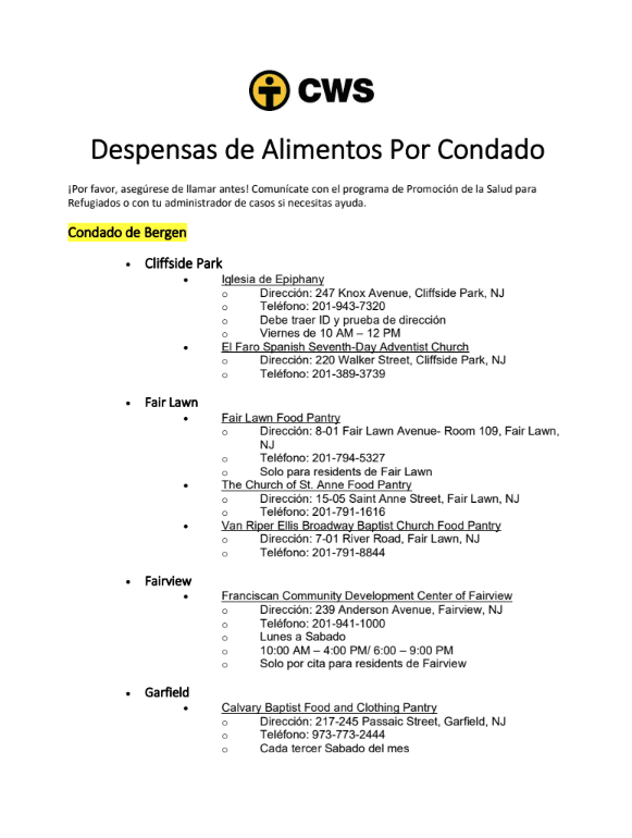 Despensas de Alimentos Por Condado