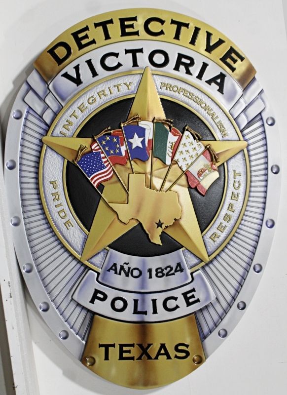 PP-1469 - Carved 3-D Bas-Relief Multi-Level Artist-Painted HDU Plaque of a Victoria Police Detective Badge 