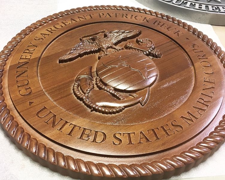 KP-1220 - Carved Personalized Plaque of the Emblem of the US Marine Corps, 3-D Cedar Wood