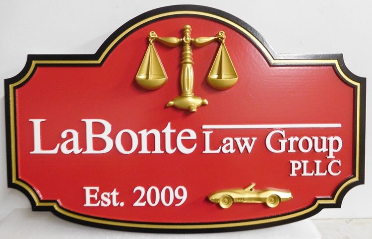 A10323 - Carved, HDU Sign For Law Group PLLC  with 3D Sports Car and Scales Of Justice 