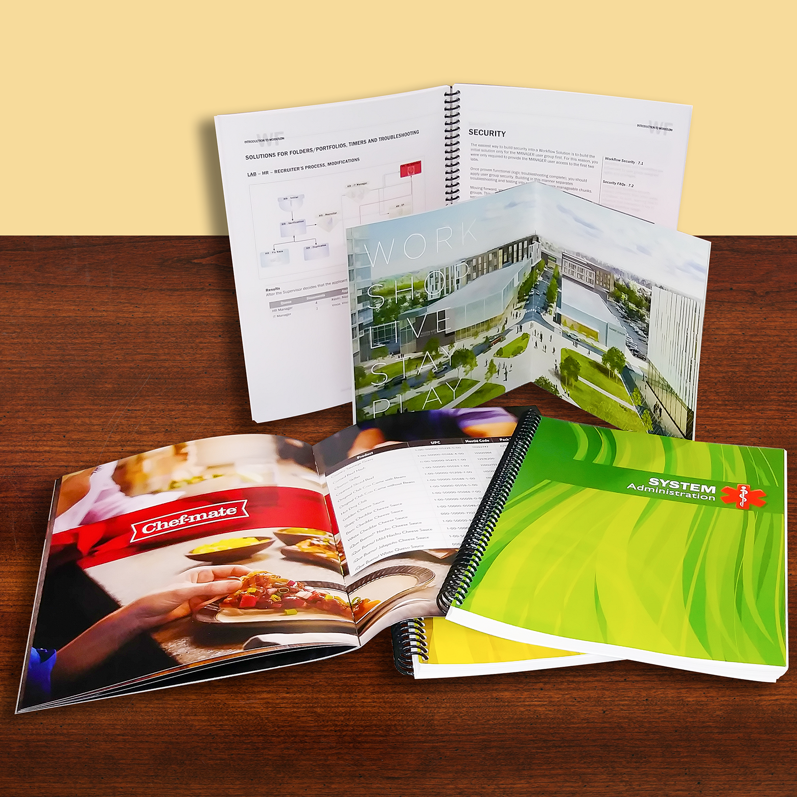 Spiral bound workbooks and saddle-stitched brochures