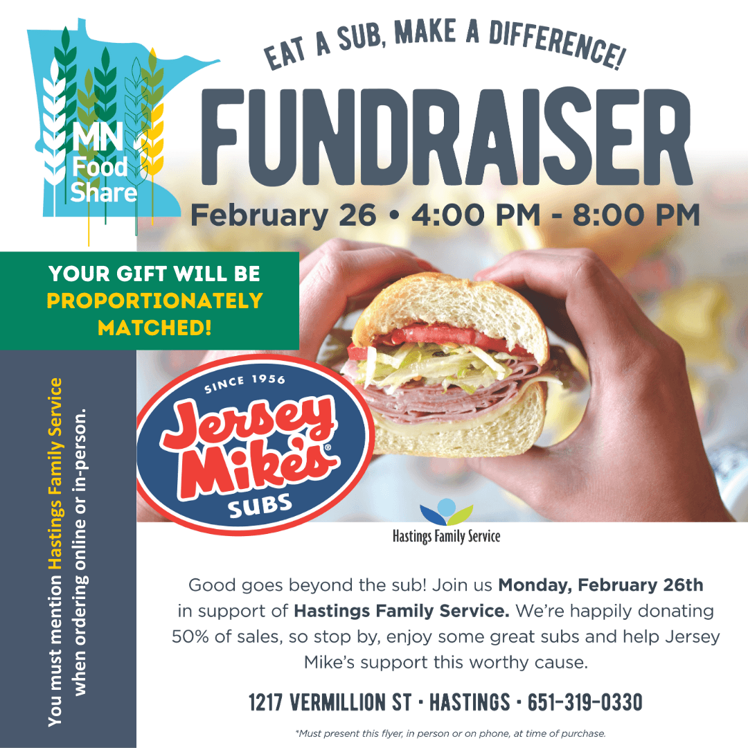 Hands holding a sub sandwich; text "Eat a sub, make a difference fundraiser, February 26, 4 to 8 pm, Jersey Mike's Subs