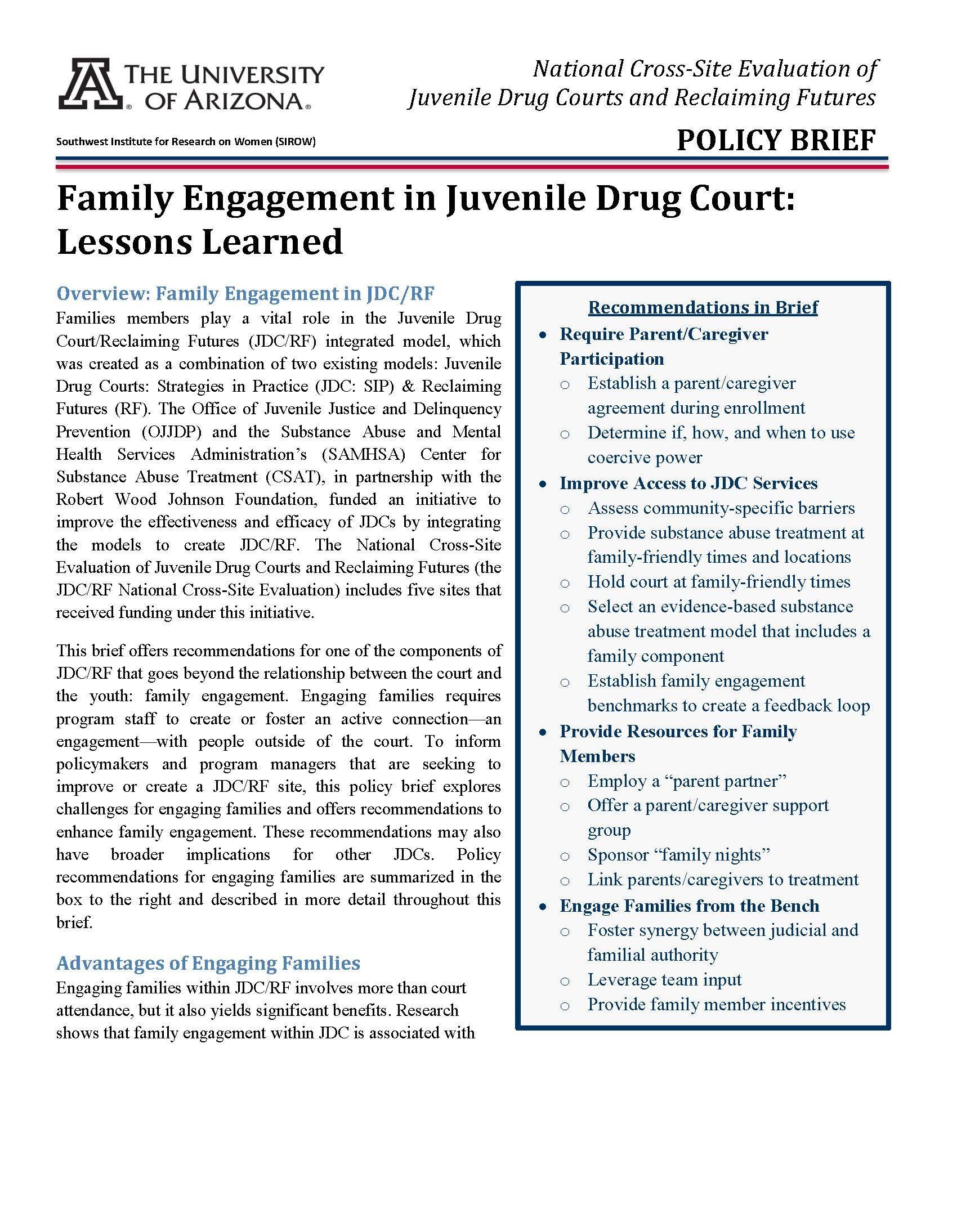 Family Engagement in Juvenile Drug Court: Lessons Learned
