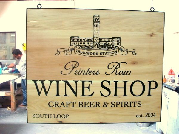 RB27166 - Engraved Oak Sign for "Printers Row Wine Shop",with Craft Beer and Spirits