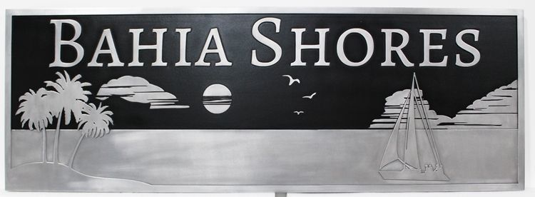 L21255 - Carved 2.5-D Raised Relief Aluminum-Plated HDU Sign   "Bahia Shores" , with Coasting Sailboat at Night as Artwork