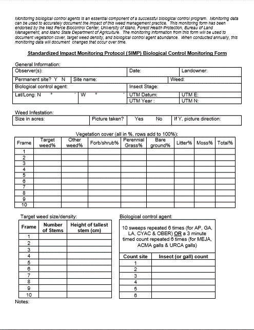 Biological weed control monitoring form
