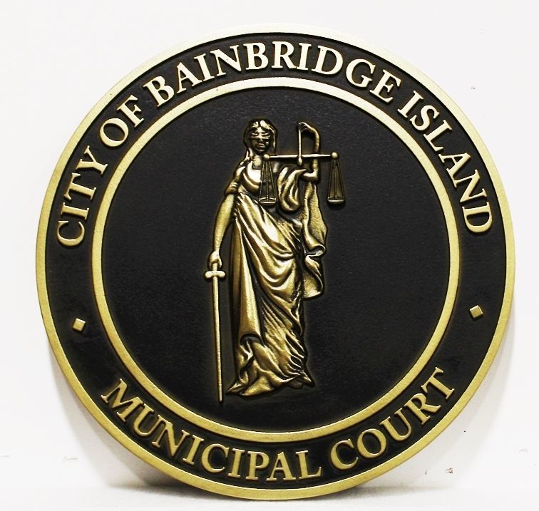 HP-1087 - Carvd 3-D Brass-Plated HDU Plaque of the Seal of the Municipal Court, City of Bainbridge Island, State of Washington 