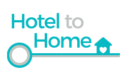 Hotel to Home logo. "Hotel" and "Home" are the color teal; the word "to" is a light grey color. The words are stacked in two lines over the image of a skeleton key. The key has a circular base and shaft of teal and grey lines. The "teeth" are made of a si