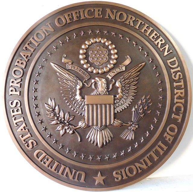 U30157 - Carved 3-D Bronze Wall Plaque of the Seal of the US Probation Office, Northern District of Illinois