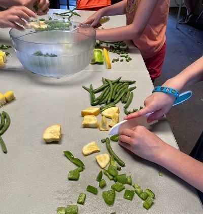 We see the small hands of a 9 or 10 year old boy holding a plastic chopping knife and cutting up peppers, string beans, and squash on a tan table.