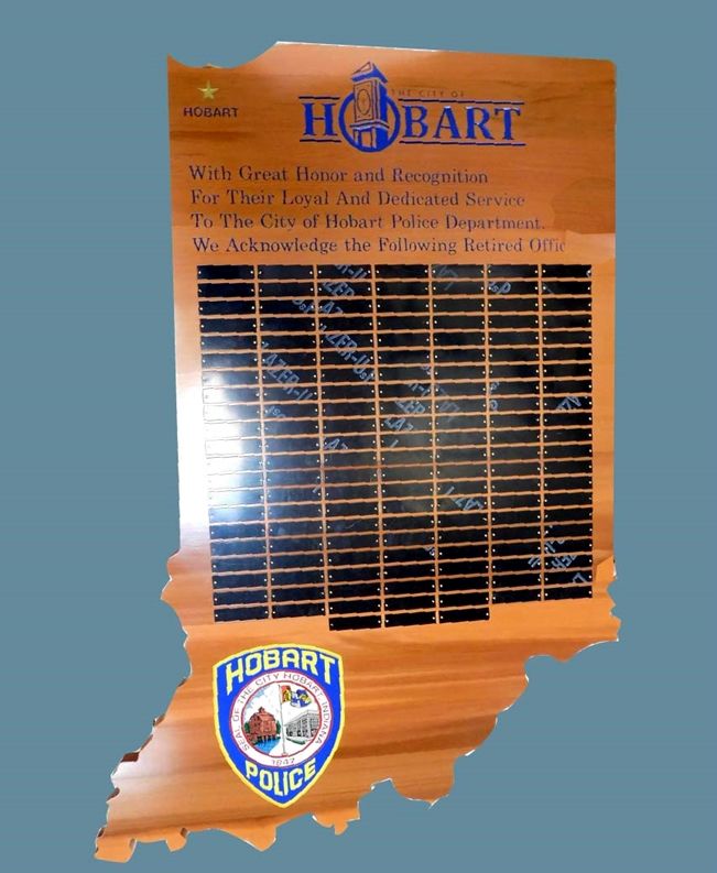 PP-3460 -  Carved Perpetual  Retiree Plaque for the Hobart Police Department,  Indiana, Cedar Wood with Brass Plates