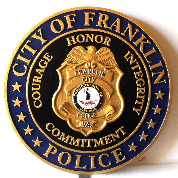PP-1530 - Carved Wall Plaque of the Police  Badge of  the City of Franklin, Virginia, Artist Painted