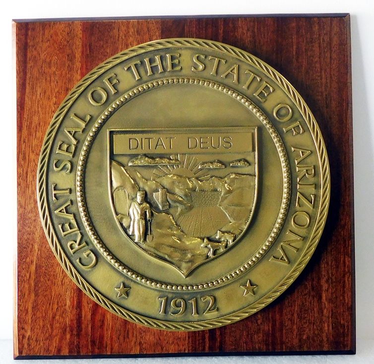 BP-1010 - Carved Plaque of the Seal of the State of Arizona, Brass Plated