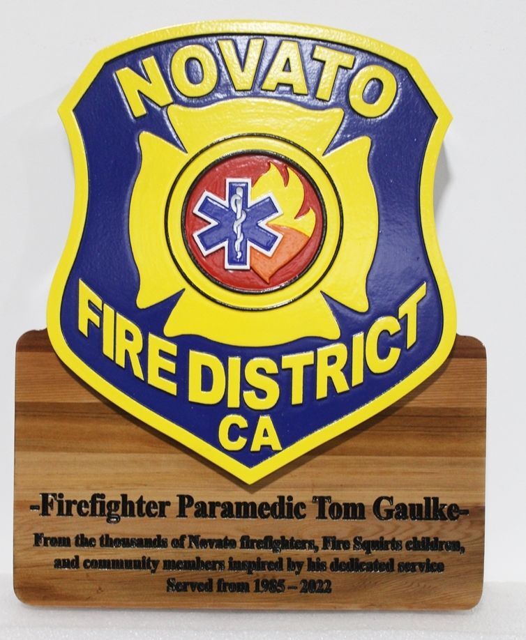 QP-1250 - Retirement Plaque for Firefighter Paramedic , with the Emblem of the Fire District of Novato, California,  2.5-D Multi-level  Carving of Cedar Wood