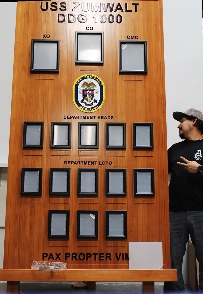 TA1026 - 10 ft tall Mahogany chain-of-command photo board  made for the Navy destroyer  USS Zumwalt