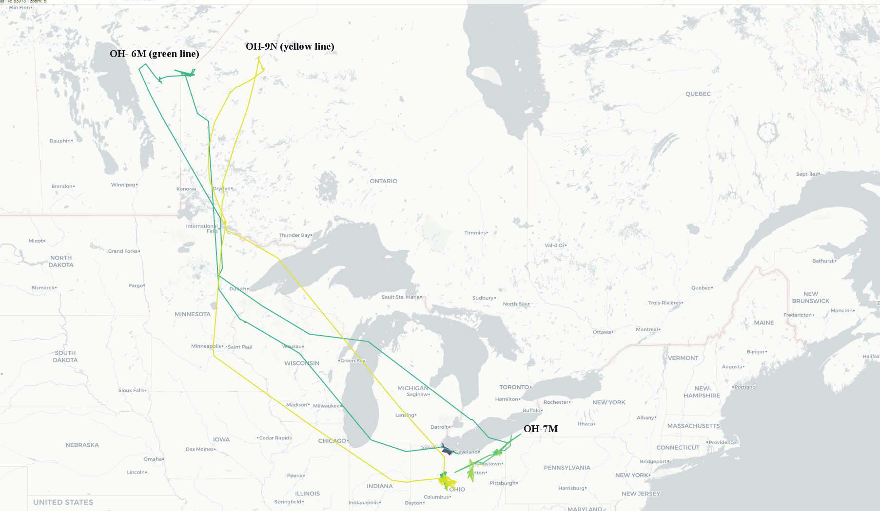 Map showing Ohio swans' year round travels