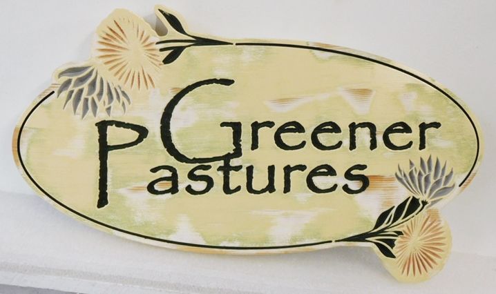 O24753 - Engraved Entrance Sign for  "Greener Pastures"  with Thistles as Artwork. 