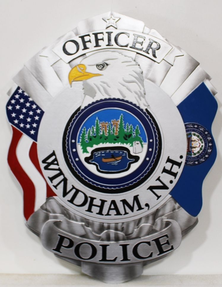 PP-1436 -  Carved 2.5-D Multi-Level Raised  Relief High-Density-Urethane Plaque of the Badge of  a Police Officer of Windham, New Hampshire