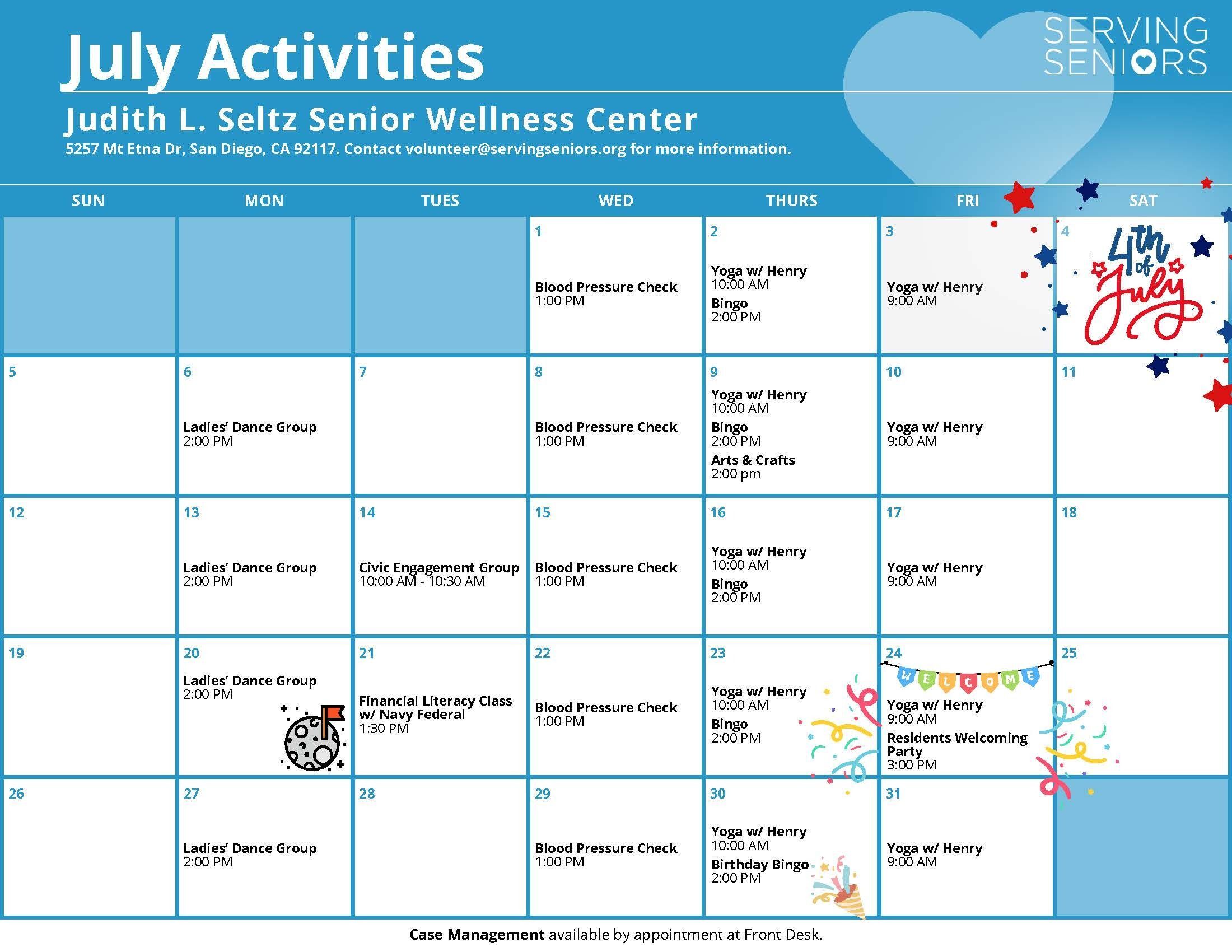 Click to download the Judith L. Seltz Wellness Center July 2026 Activities Calendar