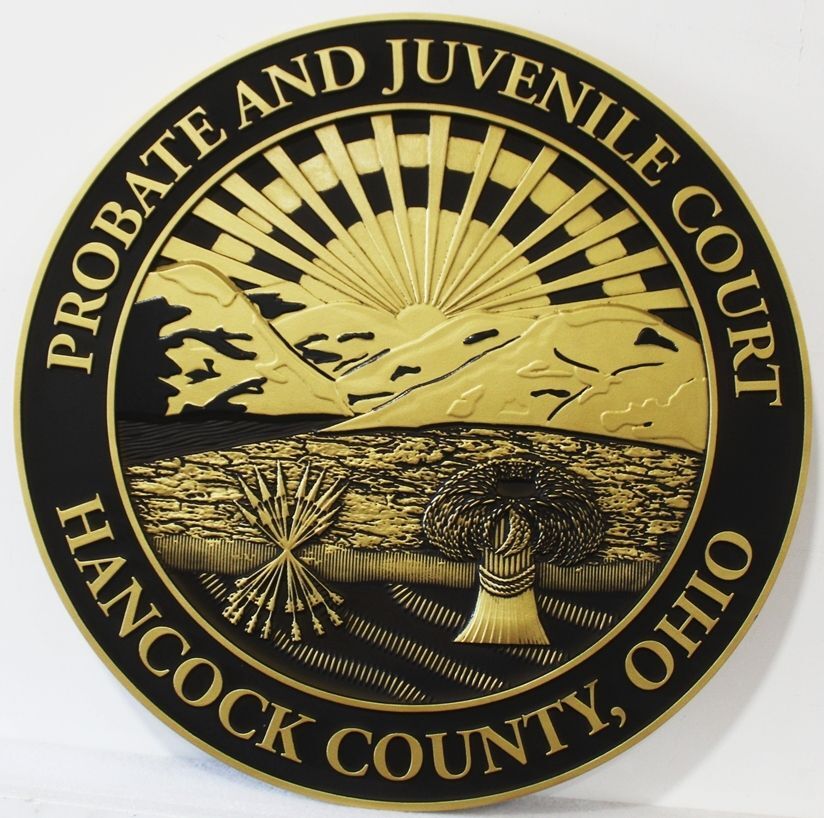 HP-1096 -  Carved 3-D Bas-Relief Plaque of the Seal of the Probate and Juvenile Court, Hancock County, State of Ohio