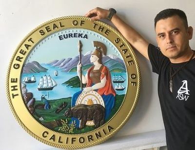 Full-color Painted 3-D Bas-Relief Carved Wall Plaque of the Great Seal of California
