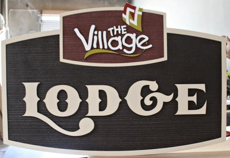 T29049 - Carved and Sandblasted Woodgrain HDU Sign for "The Village Lodge"
