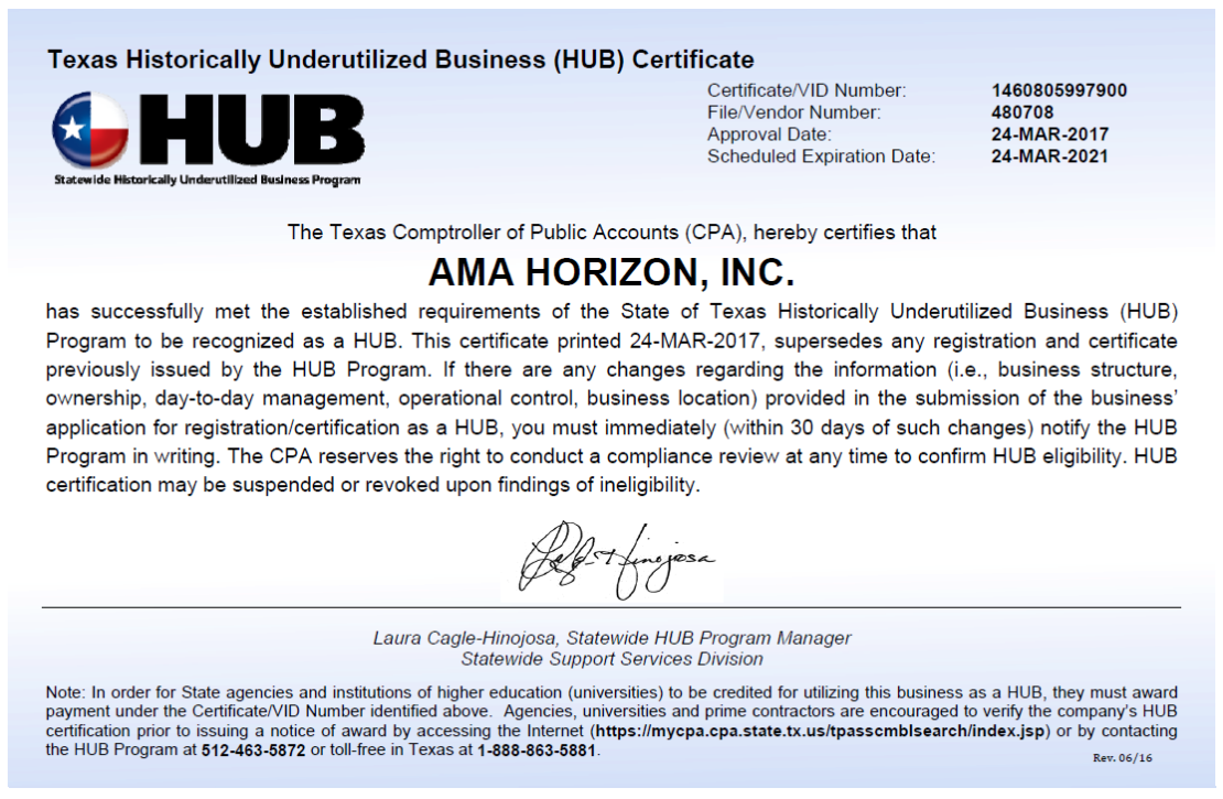 TX HUB Certificate Company Information Minuteman Press Printing