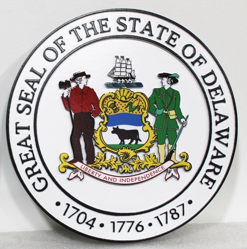 BP-1100 - Carved 2.5-D Multi-level Relief HDU Plaque of the Great Seal of the State of Delaware, Artist Painted