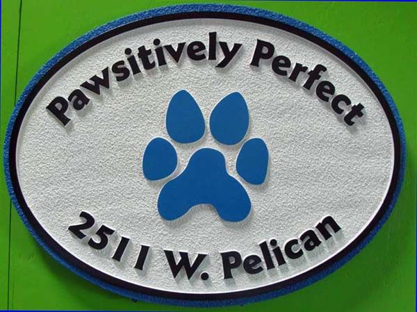 I18616- Carved and Sandblasted HDU ResidenceAddress and  Name Sign "Pawsitively Perfect", with Dog's Paw Prints as Artwork