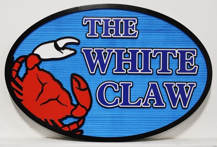 L21573 - Carved and Sandblasted Wood Grain  2.5-D Multi-level  HDU  Beach House name and address Number Sign "The White Claw", with a Red Crab as Artwork