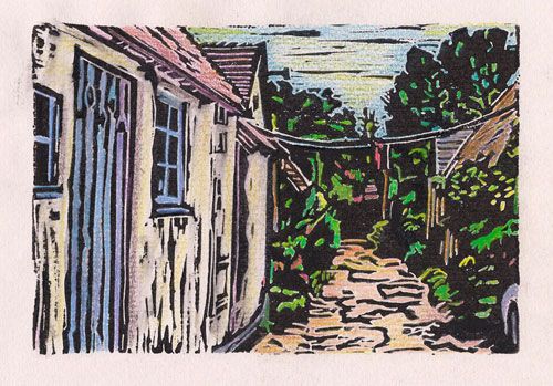Hansel and Gretel Cottages, block print with water-based printing ink, 4" x 6" 