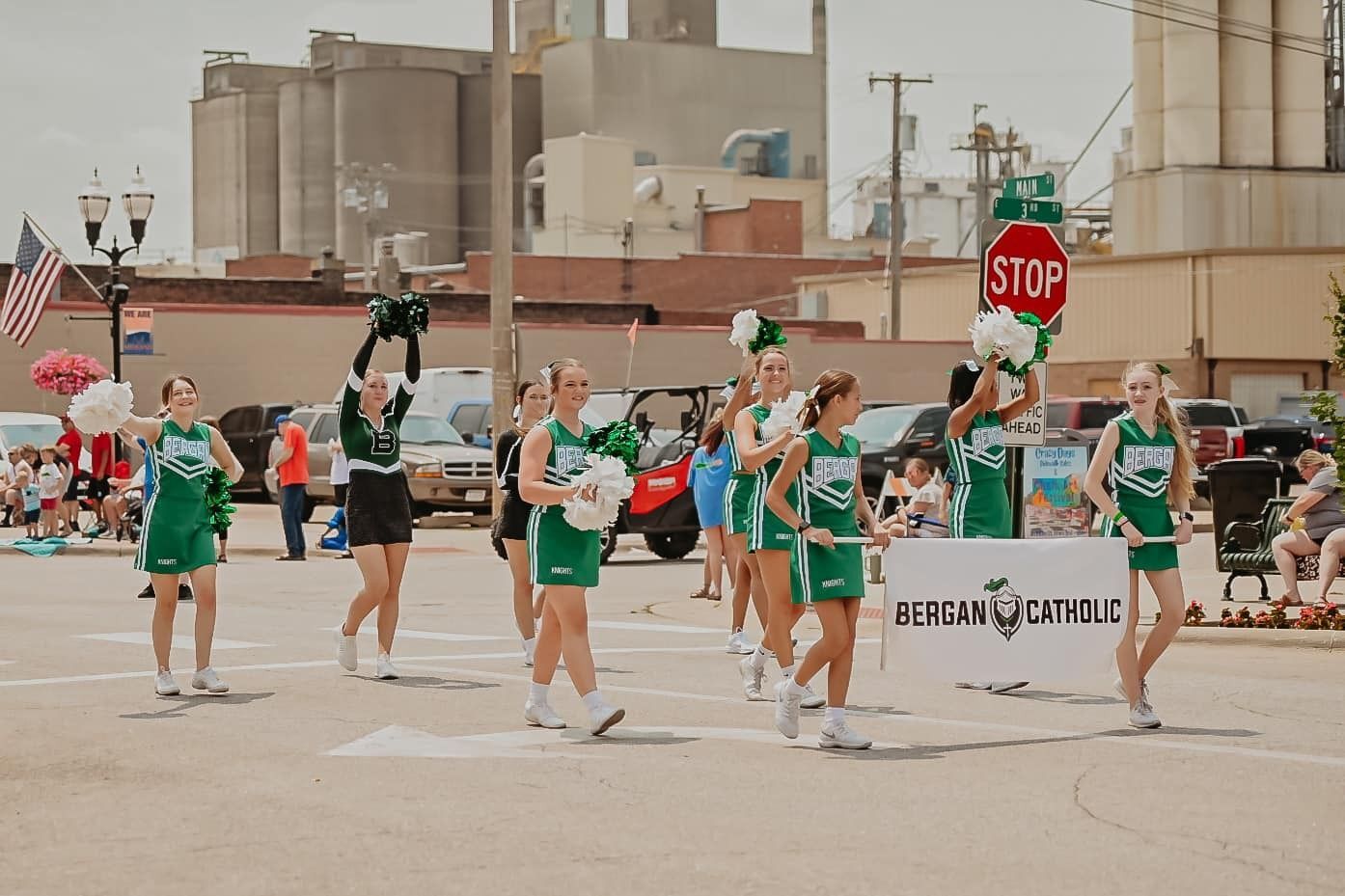 Bergan cheerleaders marching in the John C. Fremont Parade