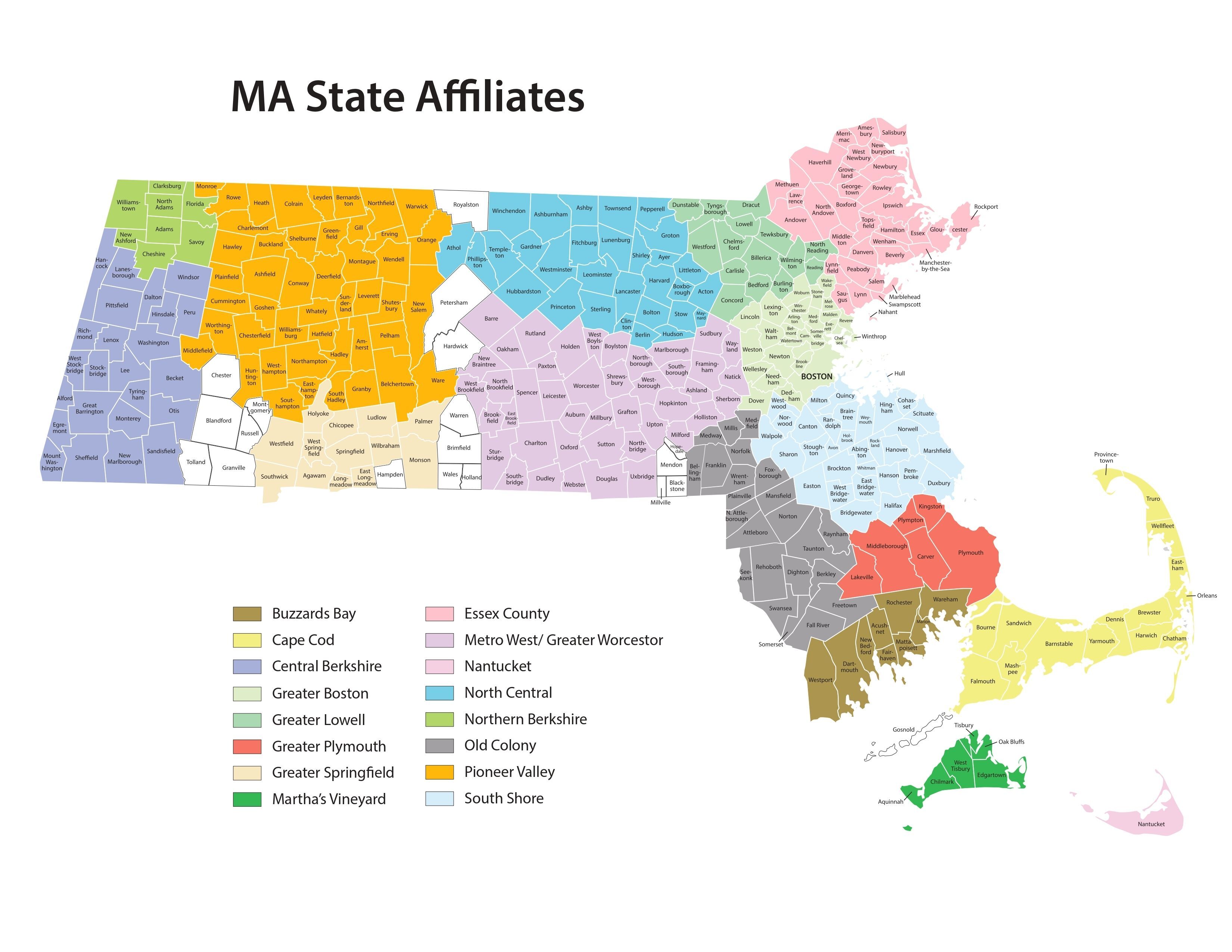 Map of MA outlining the different Habitat for Humanity Affiliates and the towns they each serve