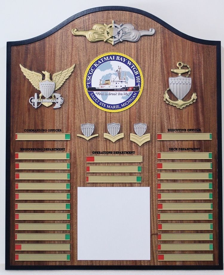 SA1433 - Carved Mahogany Ship's Chain-of-Command and On-Duty Status Board for USCGC Katmai Bay, WTGB 101