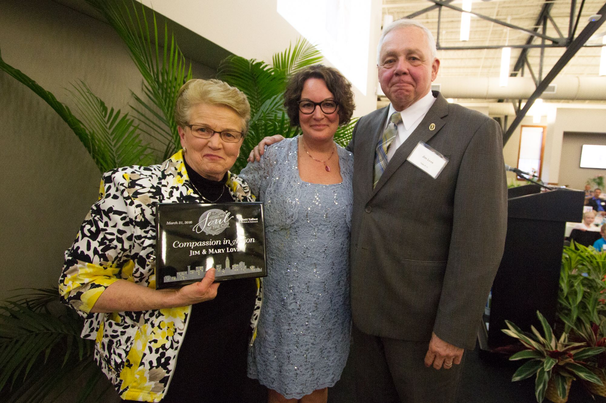 Mary Love, Susanne Blue, Jim Love after presentation of Compassion in Action Award.