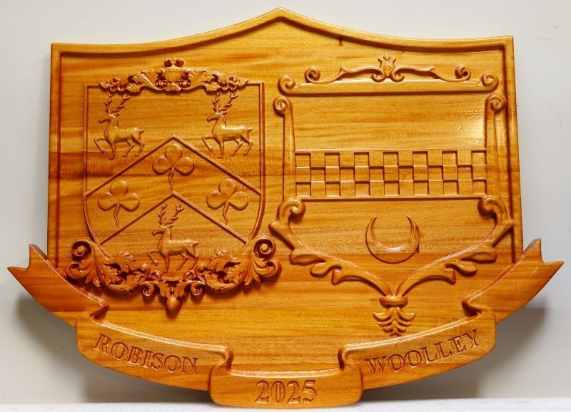 XP-1350 - 3-D Mahogany Double Family Crest Shield Plaque, Robison–Woolley