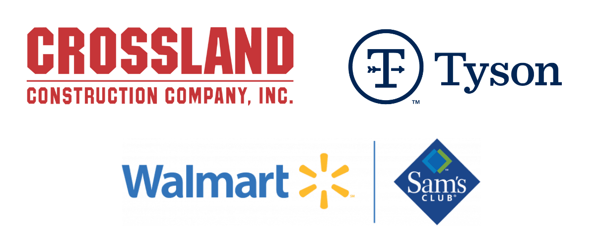 company logos for Crossland Construction, Tyson Foods, and Walmart/Sam's Club