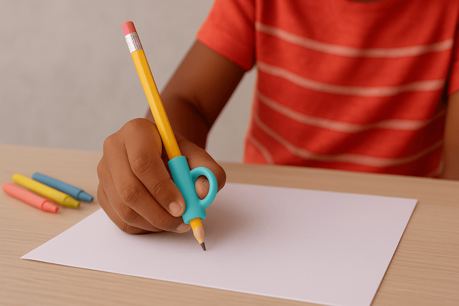 A child using a pencil grip correction device. 
