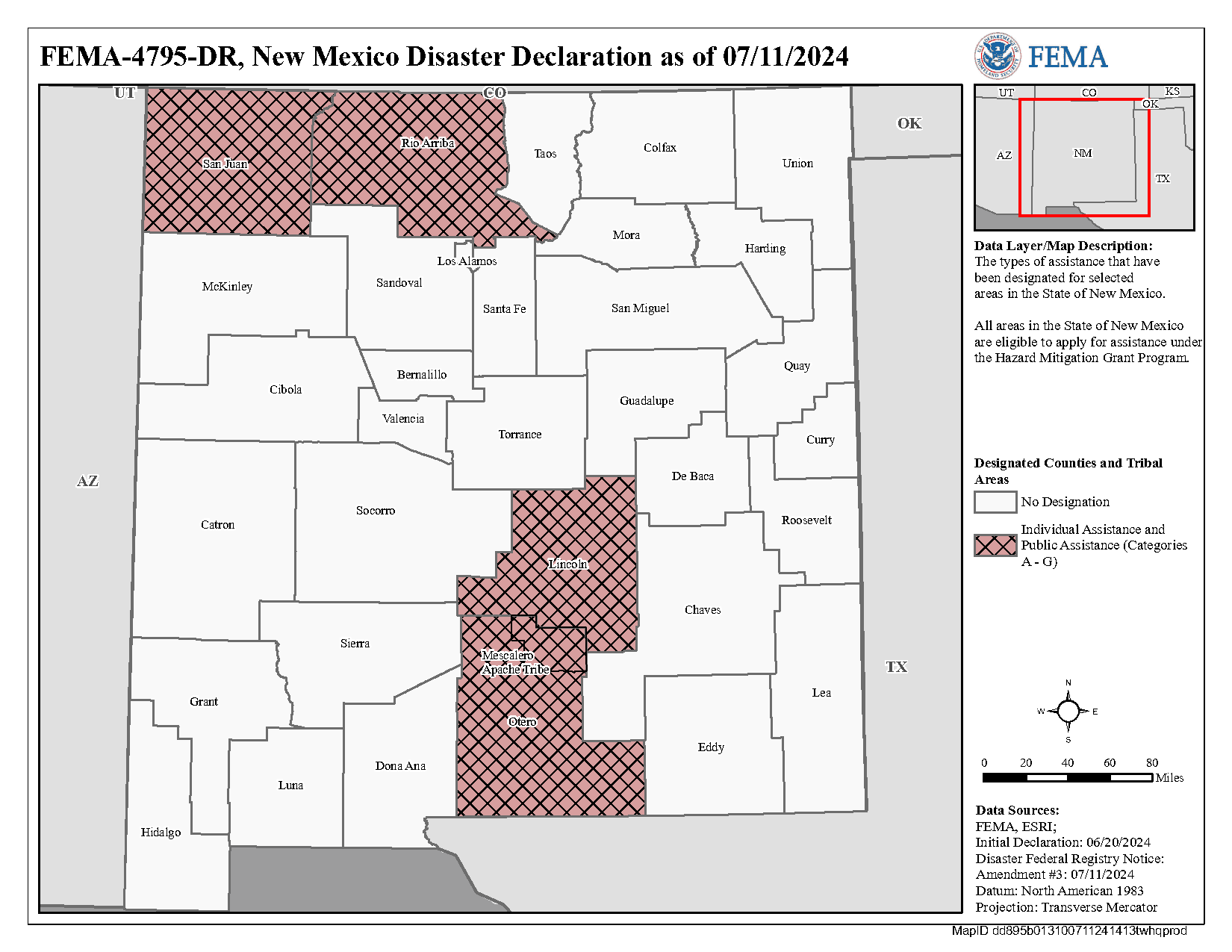 FEMA Map of New Mexico Disaster Declaration as of 7/11/2024 highlighting the counties of San Juan, Rio Arribo, Lincoln, and Otero