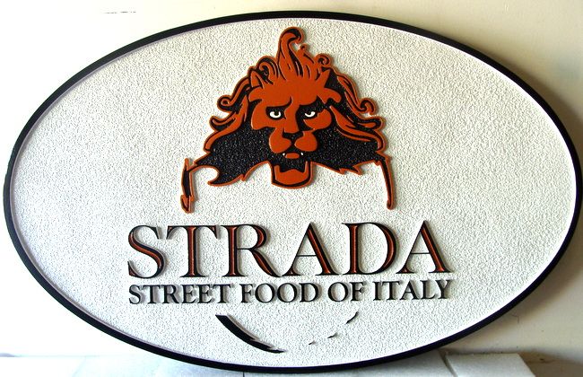 Q25030 - Sandblasted, Carved HDU Sign for "Strada Street Food of Italy" with 3-D Carved Lion Head