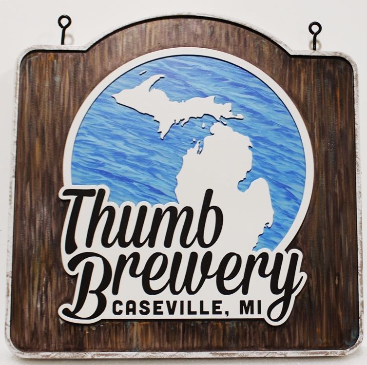 RB27700 - Carved 2.5-D Sign  for the Thumb Brewery in Caseville, Michigan, with the State Map of Michigan as Artwork