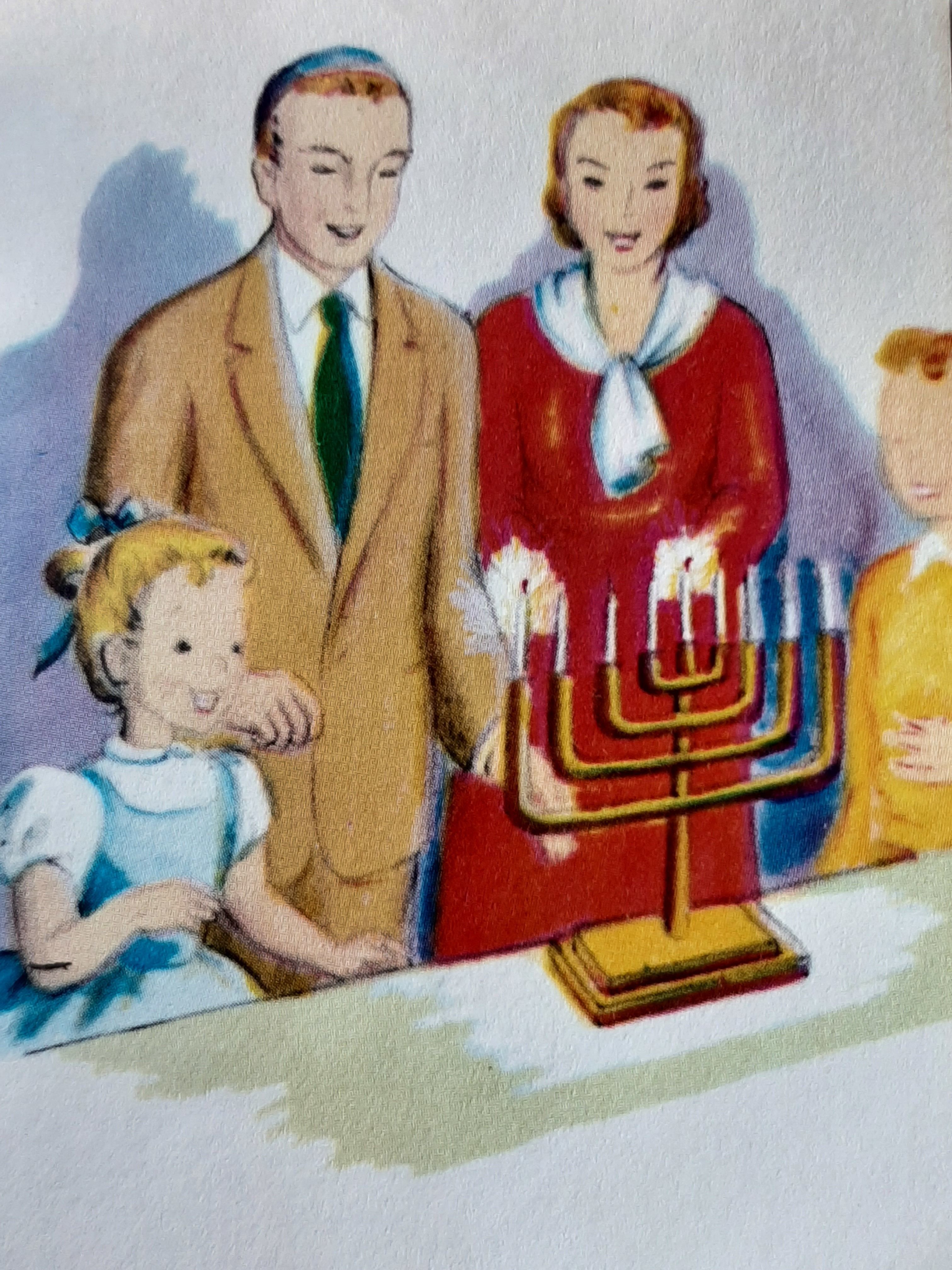 1950's illustration of a family lighting a menorah.
