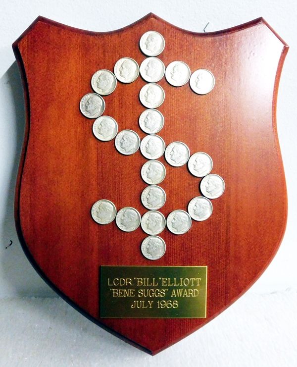 YP-4400 - Carved Shield Award Plaque with Dime Dollar Sign,  Personalized, Mahogany Wood