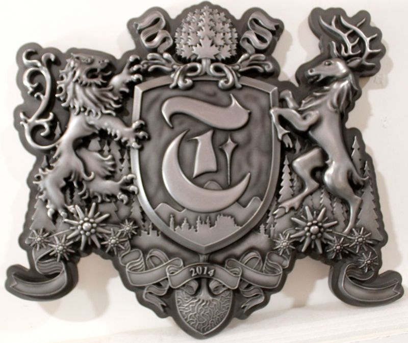 XP-1196 - Carved 3-D Bas-Relief Artist-Painted Metal Plaque Coat-of-Arms