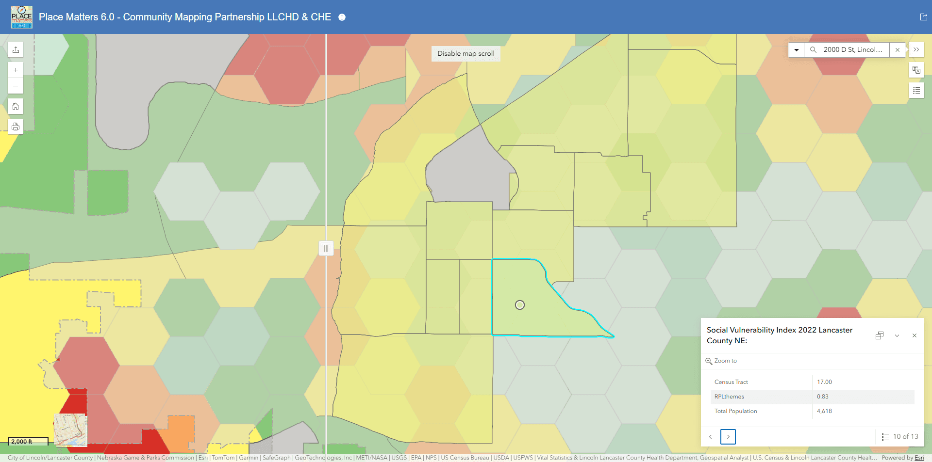 A screenshot of the social vulnerability index of the areas surrounding First Plymouth Church.