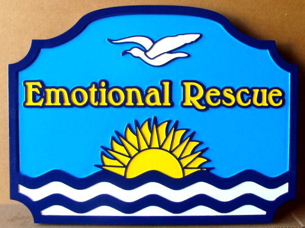 L21218A  – Carved 2.5-D HDU Beach House Sign “Emotional Rescue”, with Stylized Ocean, Seagull and Sunset