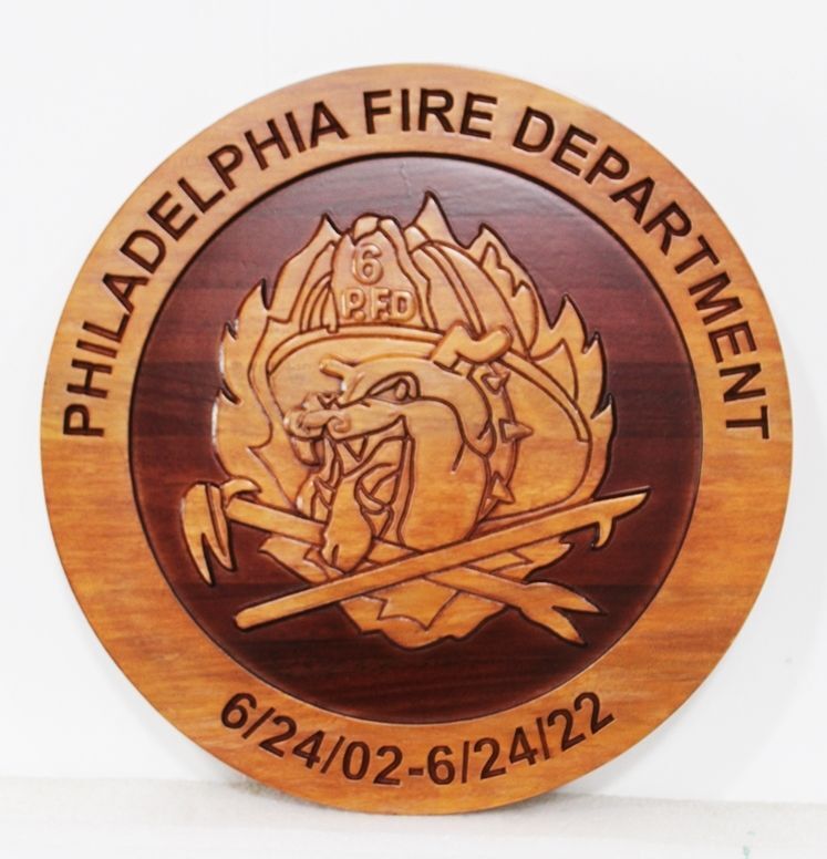QP-3076 - Carved Mahogany Plaque of the Seal/Logo of  the Philadelphia Fire Department
