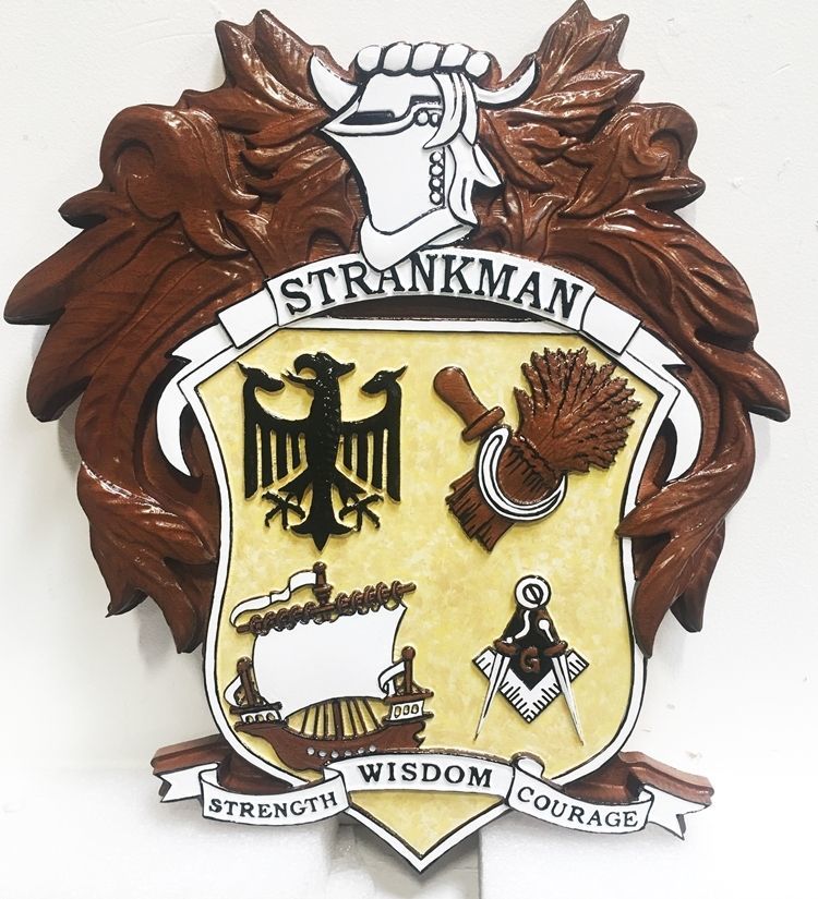 XP-1210 - Carved 3-D HDU Plaque of the  Coat-of-Arms for the Strankman  Family  with  a Shield  and Helmet 